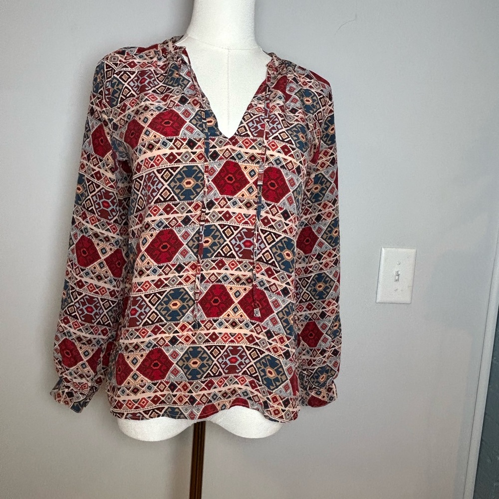 Tucker 100% silk Geometric print blouse XS boho long sleeve USA made - Picture 5 of 13